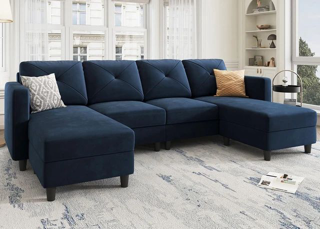 Velvet Sectional Sofa with Chaise U Shaped Sectional Couch 4 Seat Sofa for Living Room Dark Blue Two