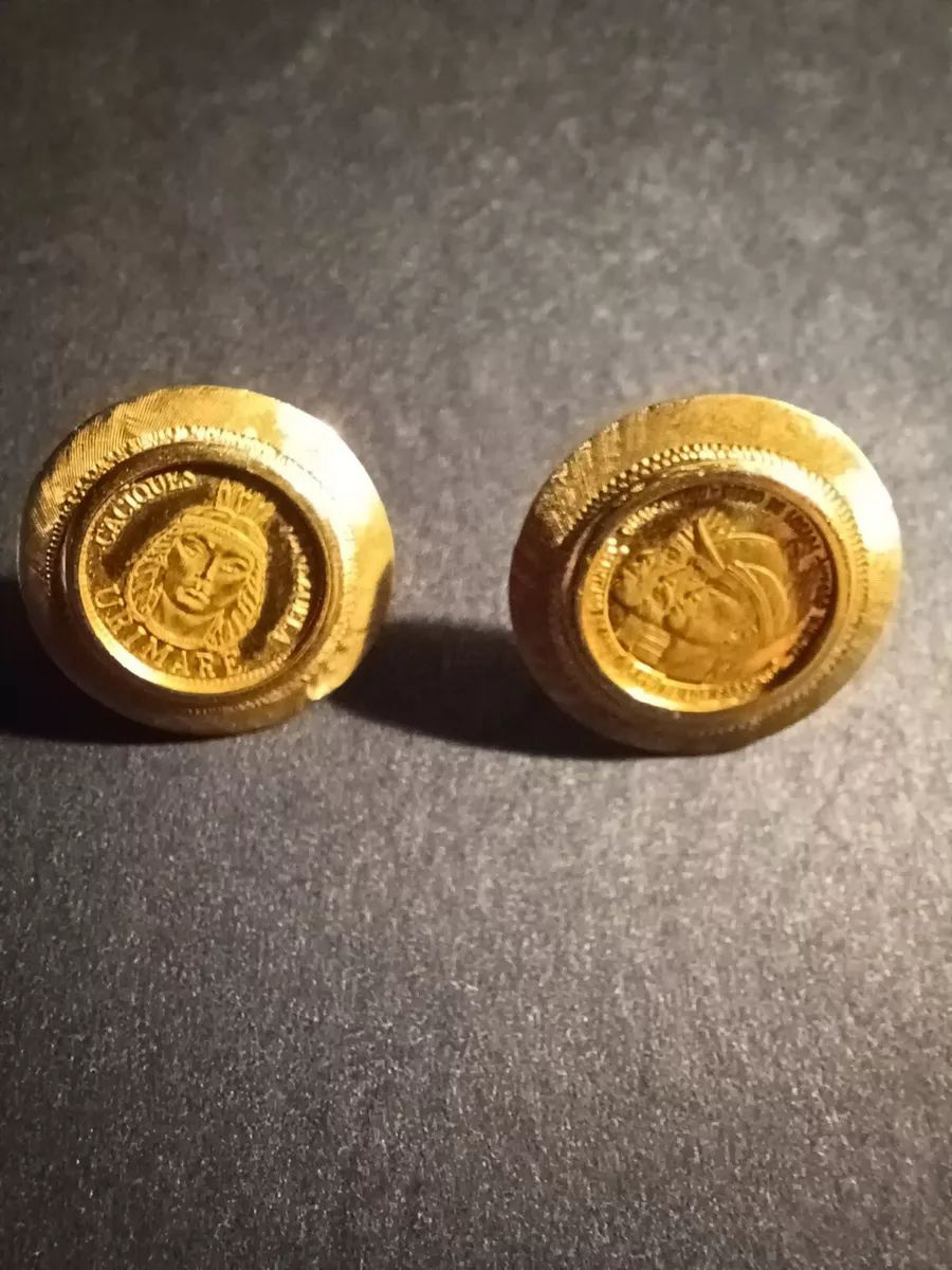 18K YELLOW GOLD 22K CACIQUES DE VENEZUELA COIN SCREWBACK EARRINGS VINTAGE RARE