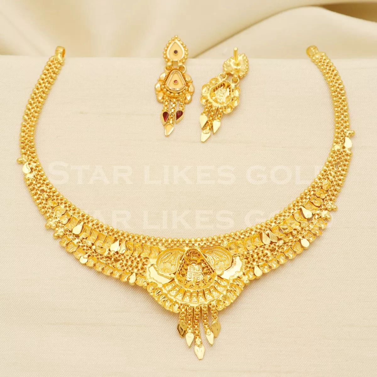 22K Solid Yellow Gold Necklace Earring Set Wedding Use Rajasthan Handmade B1300