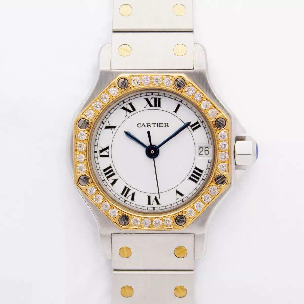 Cartier Santos Octagon 187903 25mm Custom Diamond Bezel White Dial T/T 18kt B&P