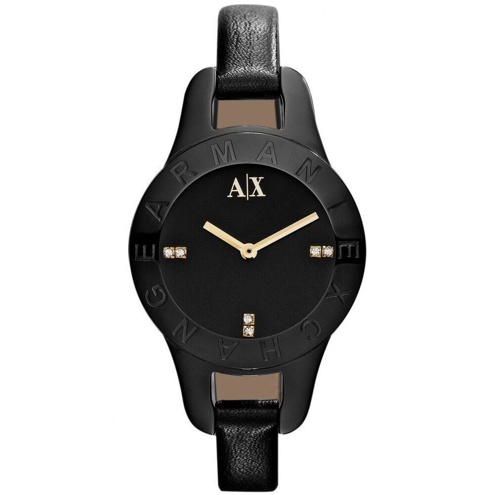 A|X ARMANI EXCHANGE BLACK LEATHER BAND+GOLD,CRYSTAL 
WATCH-AX4125