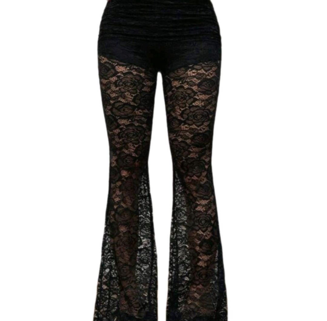 Gothic Slim Fit Mesh Fabric Charming Lace Flared Pants With Foldable Waistband