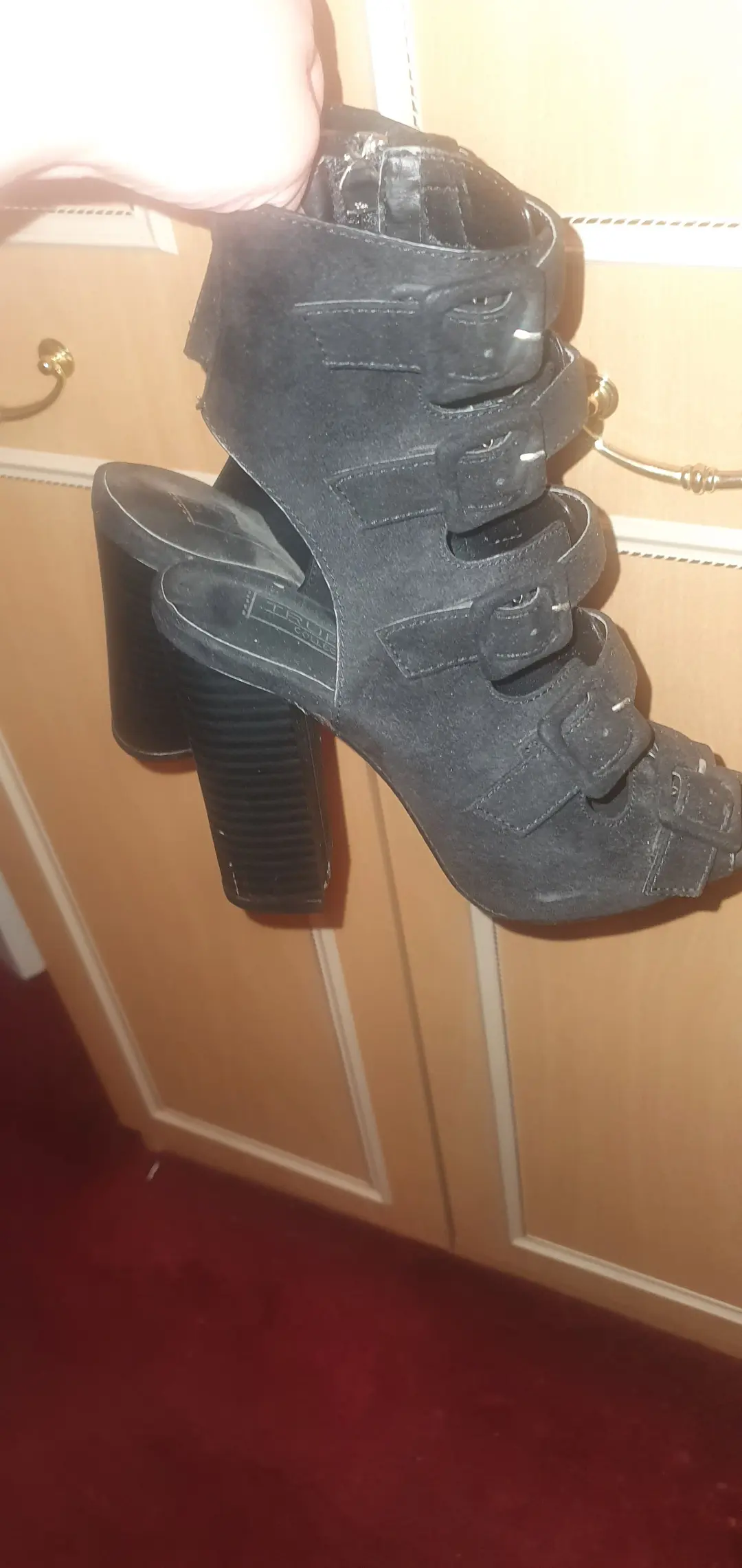 Black suede buckle block heal