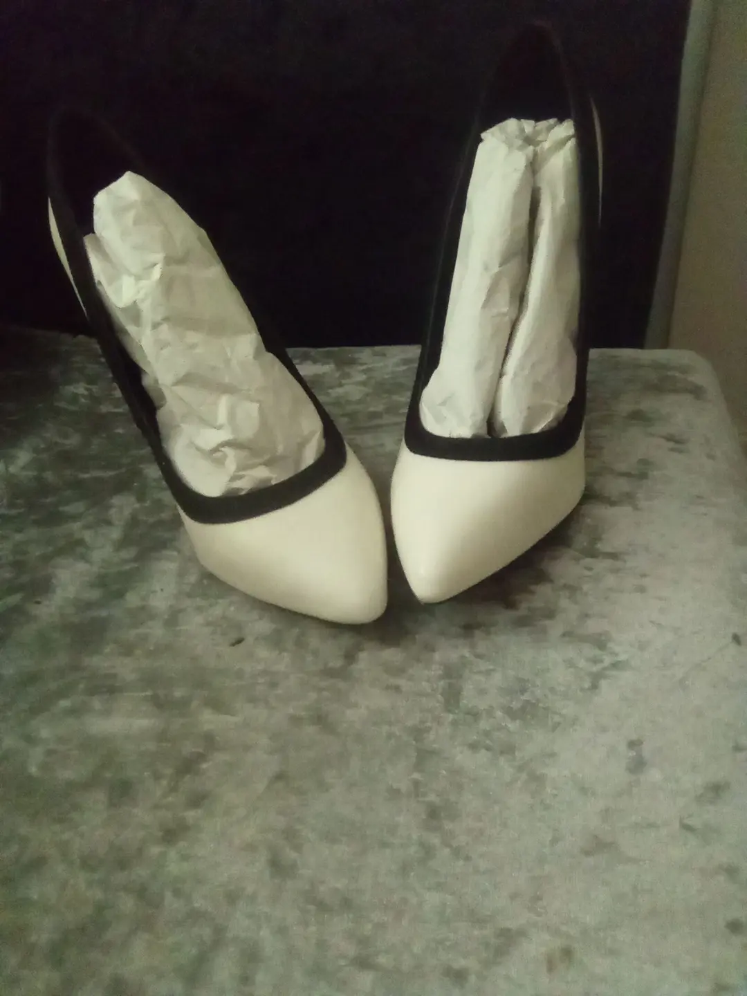 White 5" stillettos. 