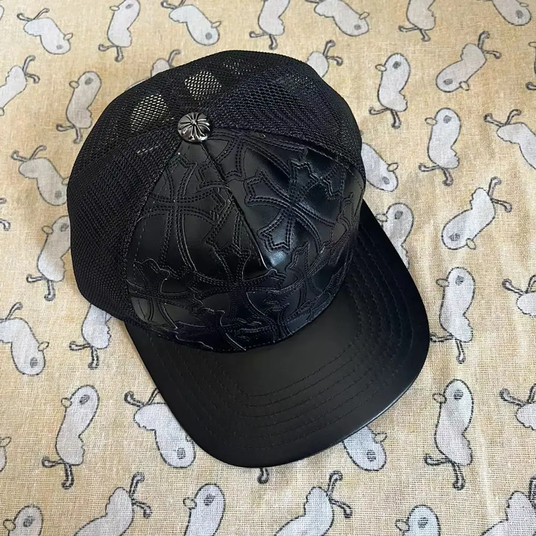 Womens Chrome Hearts Cemetary Cross Leather Stitched Black Trucker Hat