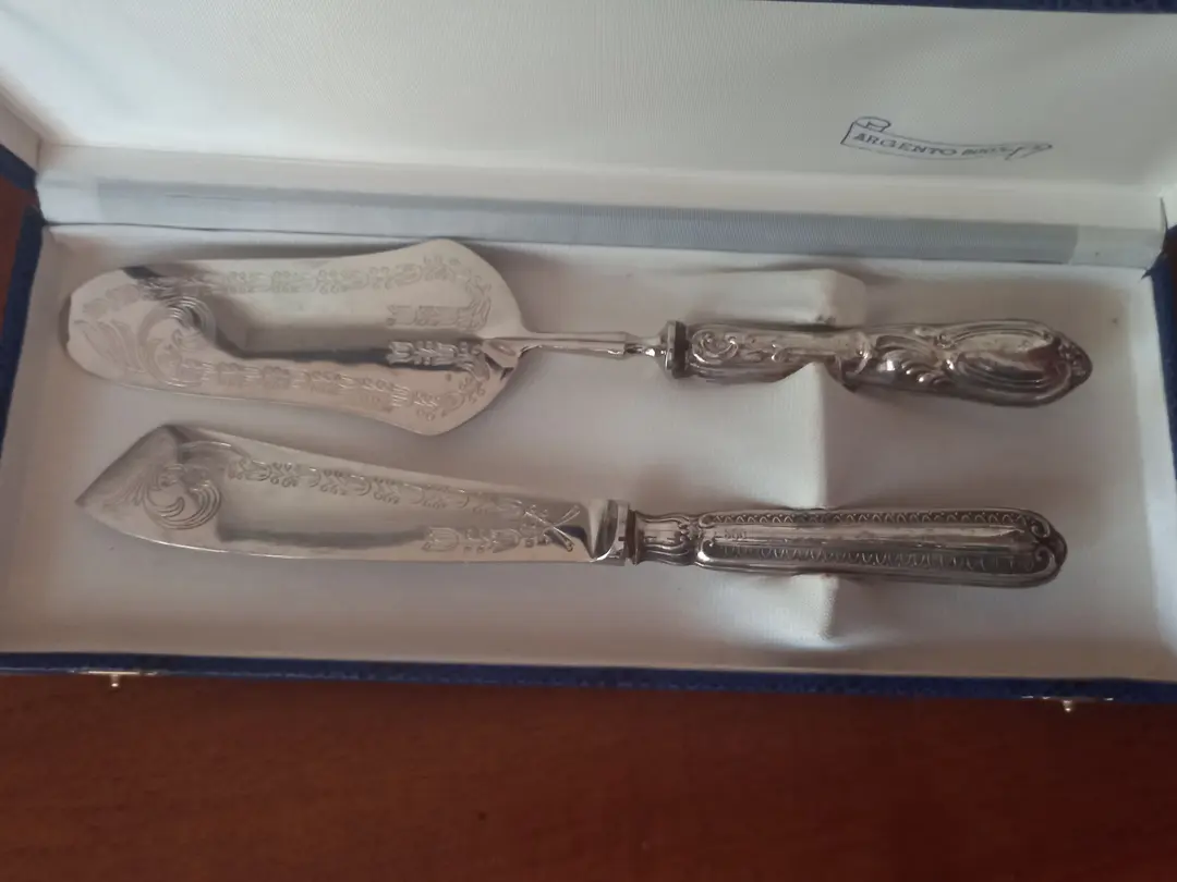 Set posate da dolci vintage anni 70 manici in argento 800 e parte superiore in metallo inciso 